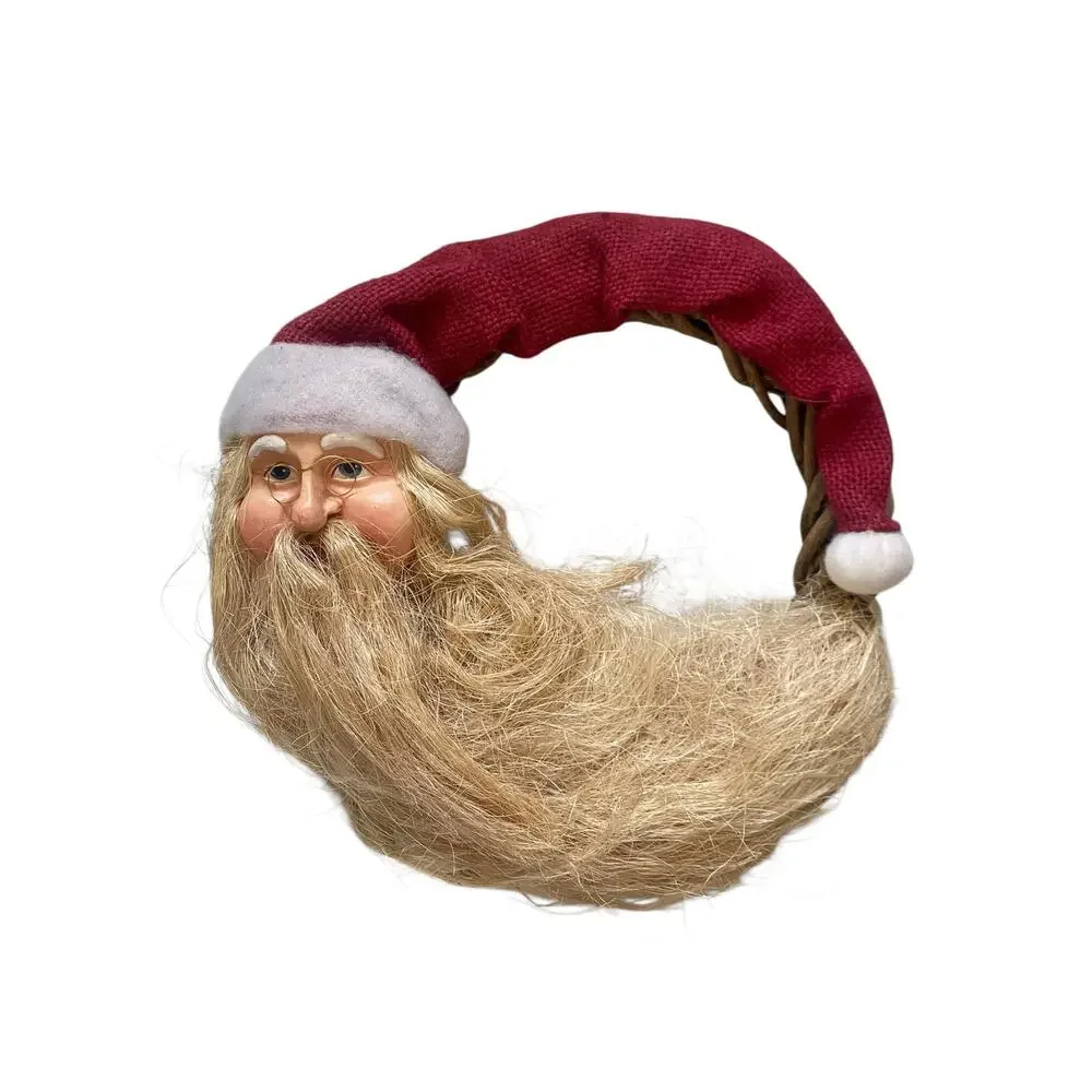 Vintage Grapevine Santa Claus Folk Art Handmade Christmas Wreath Moon Jute Beard